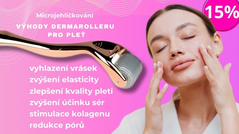 Dermaroller na pleť – žena ošetřuje obličej mikrojehličkováním, vyhlazení vrásek, zvýšení elasticity a kvality pleti, stimulace kolagenu, redukce pórů, zvýšení účinku sér, profesionální i domácí péče, 15% sleva.